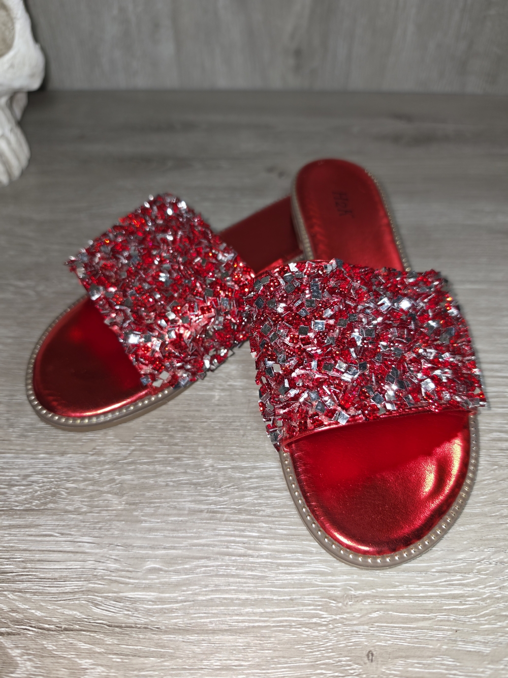 H2K Metallic Red Jeweled Slide Mules Women's Size 7